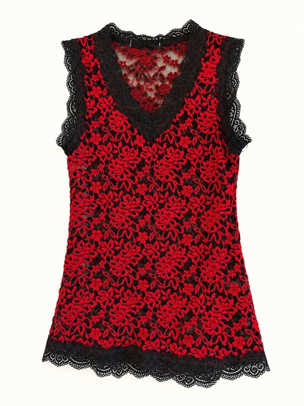 Red Lace V-Neck Sleeveless Blouse with Black Trim